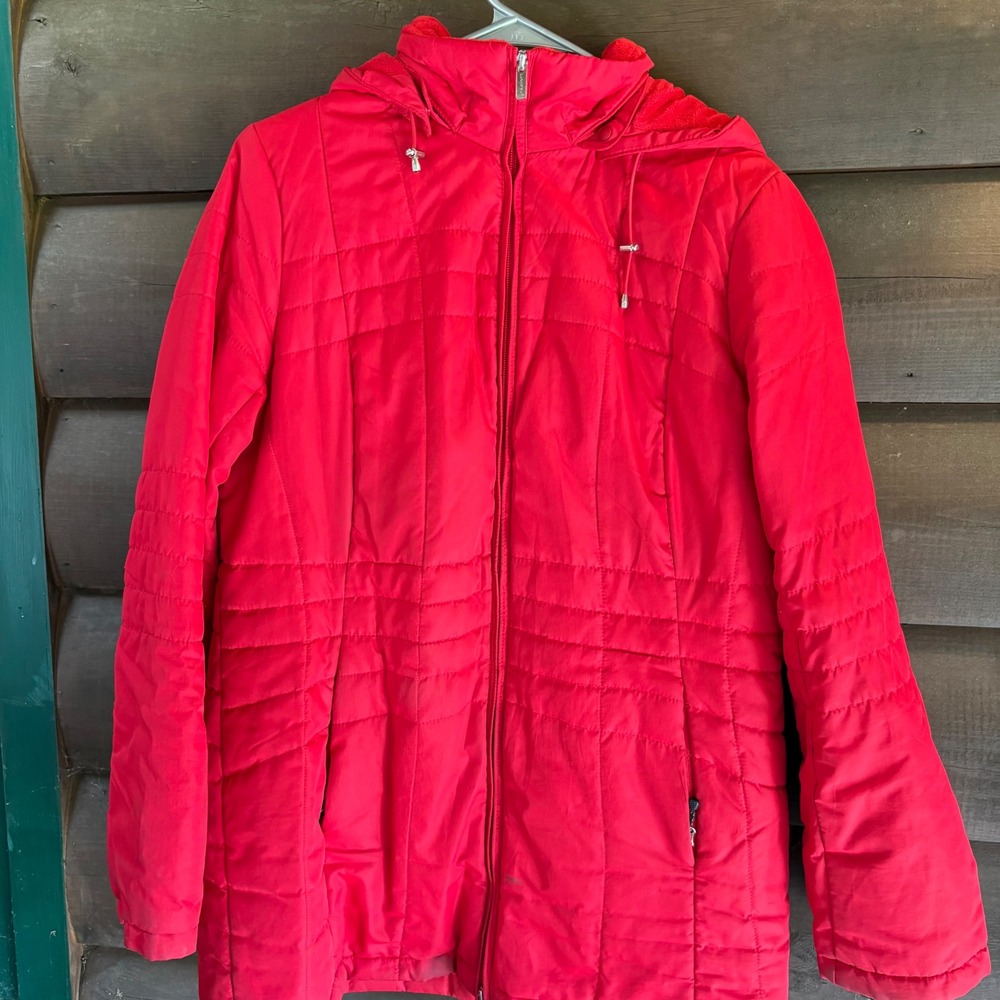 Lands End Womens Red Quilted Puffer Jacket Fleece Lined Hooded Medium 10-12